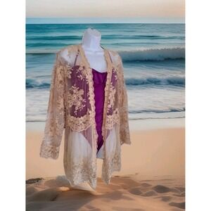 Kaktus Swim Cover-Up L Tan Open Cardigan Lace Embroidered Mesh Beach Boho Resort
